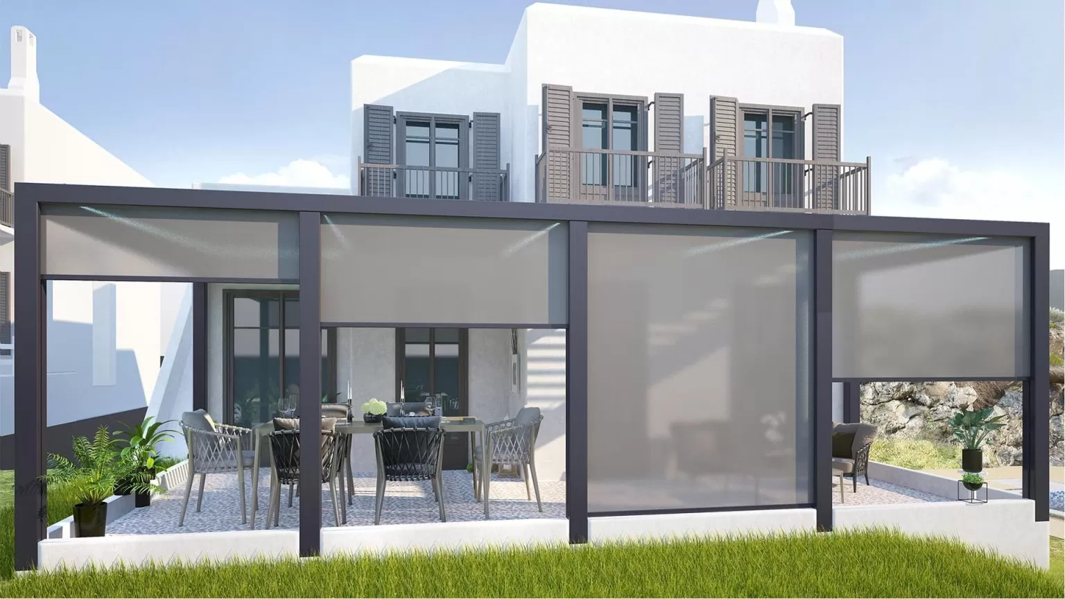 Toldo zip retráctil para protección solar en terraza